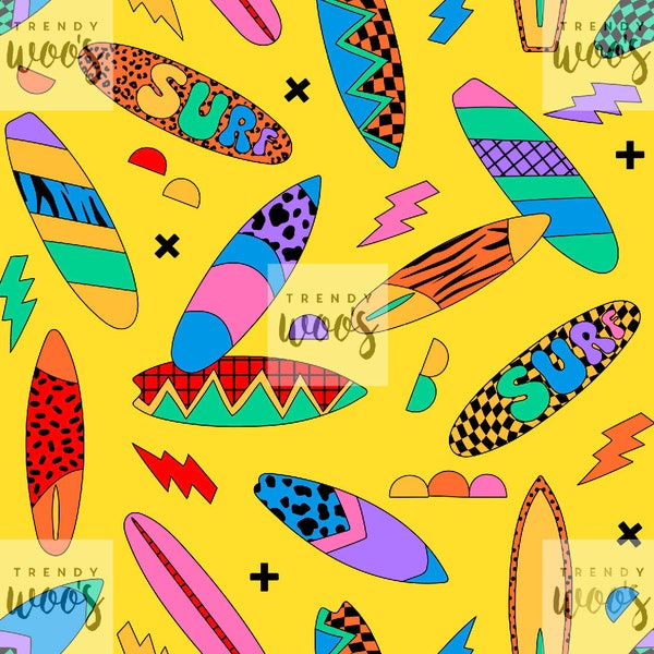 Surf Boarding Surfing Board Sport Swim Sea Summer Yellow Rainbow Seamless Pattern / Fabric Design / Surface Pattern / Digital Pattern