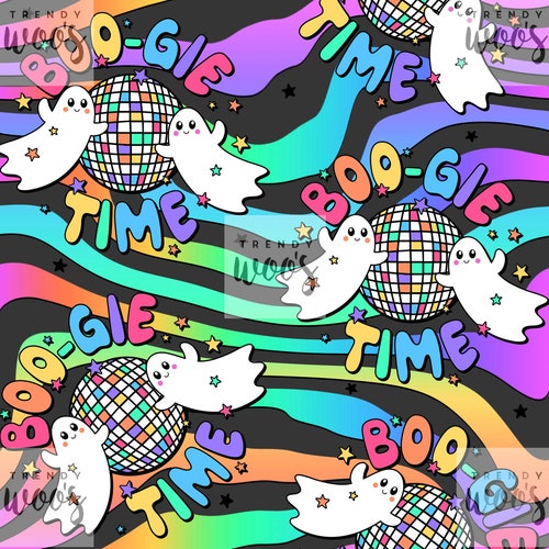 Boogie Time Halloween Fall Disco 70s Ghost Retro Bright Neon Funky Seamless Pattern / Fabric Design / Surface Pattern / Digital Pattern