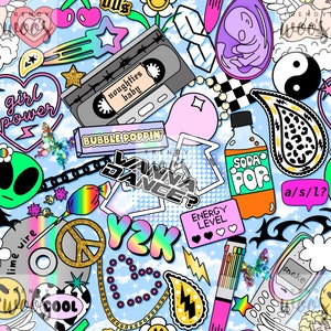 May include: A colourful and playful pattern featuring a variety of 90s and early 2000s inspired graphics, including a cassette tape, a peace sign, a soda can, a mobile phone, a heart with the text "girl power", and the text "Y2K".