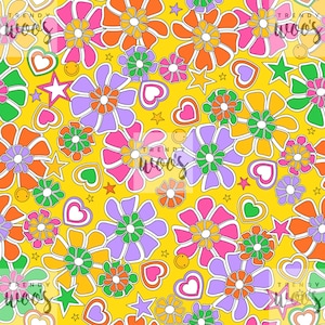 Retro Sommer Blumen Blumen 90er Jahre Dopamin Hellgelb Herz Stern Lächeln Nahtloses Muster / Stoffdesign / Oberflächenmuster / Digitales Muster