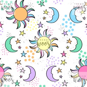 Moon, Sun and Stars Retro Cute Rainbow Celestial Kids Cute Pastel Seamless Pattern / Fabric Design / Surface Pattern / Digital Pattern
