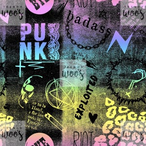 Op de afbeelding: Een grunge-stijl ontwerp met een zwarte achtergrond, met het woord "PUNK" in blauw en paars, samen met andere woorden als "badass" en "exploited". Het ontwerp bevat een schedel, een bliksemschicht en een ketting.