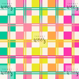 May include: A colourful plaid pattern with alternating squares of pink, yellow, and orange. The background is a light cream colour. There are thin lines of green, pink, and yellow running horizontally and vertically across the pattern.
