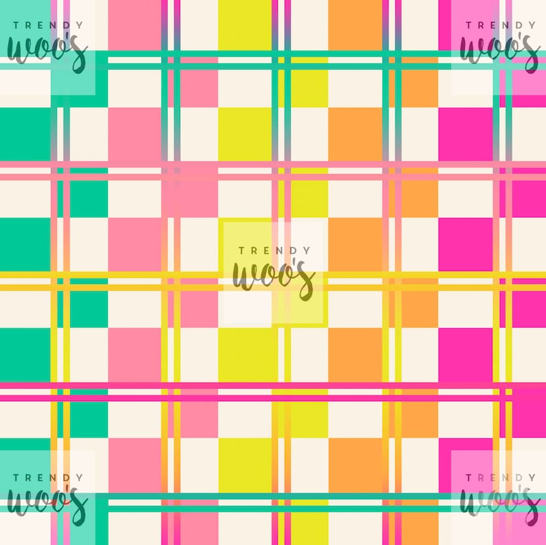 May include: A colourful plaid pattern with alternating squares of pink, yellow, and orange. The background is a light cream colour. There are thin lines of green, pink, and yellow running horizontally and vertically across the pattern.