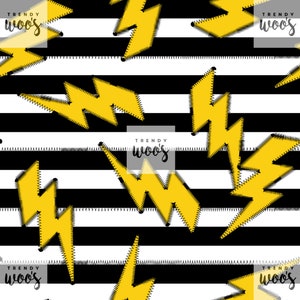 May include: Black and white striped background with yellow lightning bolts. The text "TRENDY WOO'S" appears in a white box on the background.