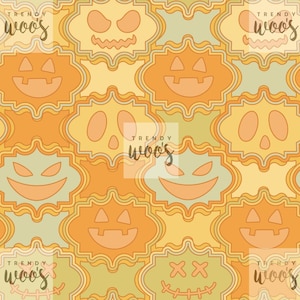 Può includere: Un motivo ripetuto di volti a tema Halloween in arancione, giallo e verde. I volti includono jack-o'-lantern, teschi e altri disegni spettrali. Il motivo è ambientato su uno sfondo giallo chiaro.