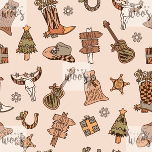 May include: A seamless pattern featuring a variety of Christmas-themed illustrations in a southwestern style. The pattern includes a cowboy hat, a guitar, a boot, a horseshoe, a Christmas tree, a star, a gift box, a bag of Santa's goodies, and a sign that reads "Santa Stop Here".