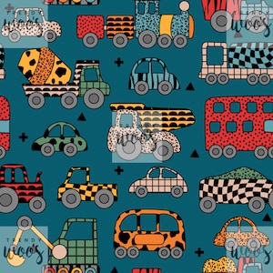 May include: A teal blue background with a repeating pattern of colourful toy vehicles. The vehicles include a bus, a train, a cement mixer, a dump truck, a pickup truck, a car, and a bulldozer. Each vehicle has a different pattern and colour scheme.