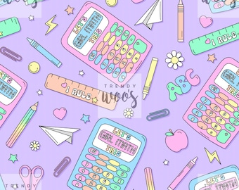 May include: A seamless pattern featuring a variety of school supplies in pastel colors on a light purple background. The pattern includes calculators, pencils, crayons, rulers, paper airplanes, stars, lightning bolts, hearts, flowers, and apples. The text "Let's Girl Math This" appears on the calculators.