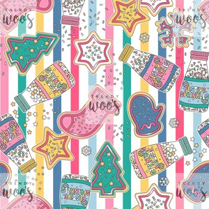 May include: A seamless pattern featuring festive Christmas cookies and sprinkles. The cookies are in the shapes of stars, trees, mittens, stockings, and snowflakes. The sprinkles are in a variety of colours, including red, green, blue, and yellow. The background is white with colourful stripes.