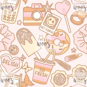 Cute Girl Summer Food Icons Retro 90s 00s Pastel Seamless Pattern / Fabric Design / Surface Pattern / Digital Paper / Digital Pattern