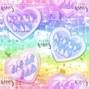 May include: A repeating pattern of heart-shaped stickers, each featuring the text "K-POP KID" in a bubble font. The stickers are in pastel shades of pink, blue, and purple, with the words outlined. The background has a grid pattern with stars and the text "TRENDY woos".