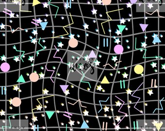 May include: A black and white grid pattern with colorful geometric shapes and stars. The shapes include circles, triangles, and lightning bolts. The colors are pink, blue, green, yellow, and orange.