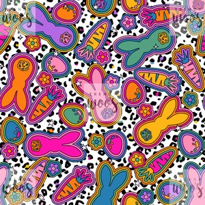 Osterhase Kaninchen Ei Frühling Retro 70er Pink Mädchen Leopard Muster Nahtloses Muster / Stoffdesign / Oberflächenmuster / Digitales Muster