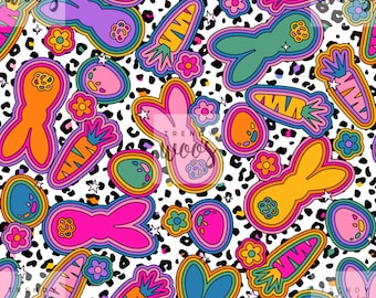 Easter Bunny Rabbit Egg Spring Retro 70s Pink Girls Leopard Print Seamless Pattern / Fabric Design / Surface Pattern / Digital Pattern