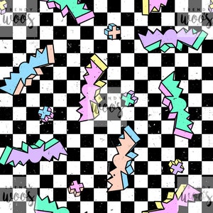 Bats Alternative Punk Rock Retro Halloween Kawaii Pastel Checkerboard Seamless Pattern / Fabric Design / Surface Pattern / Digital Pattern