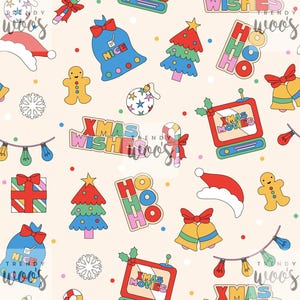 Retro Weihnachten Icons Regenbogen Spaß 90er 00s schrullig Nikolaus Weihnachten Nahtloses Muster / Stoffdesign / Oberflächenmuster / Digitales Muster
