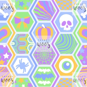 May include: A colourful hexagonal pattern featuring Halloween-themed images. The pattern includes a skull, pumpkin, spider, bat, eye, bow, heart, stars, and a spider's web. The background is light blue with green, purple, and yellow accents.