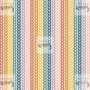 May include: A seamless pattern featuring vertical stripes of different colours, each stripe is made up of a repeating pattern of small leaves. The colours are a light yellow, a light green, a light blue, a light purple, a light pink, a light orange, a dark green, a dark blue, a dark purple, a dark pink, a dark orange, and a dark yellow.