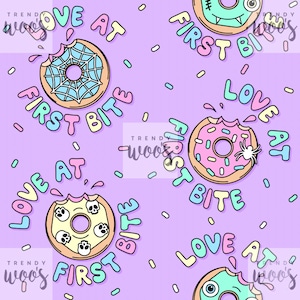 Love at First Bite Halloween Valentines Retro Punk Donut Doughnut Seamless Pattern / Fabric Design / Surface Pattern / Digital Pattern