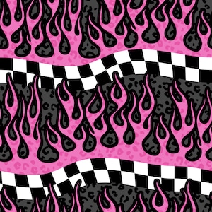 Fire Flame Retro Wave Checkerboard Animal Prink Punk Rock Pink Seamless Pattern / Fabric Design / Surface Pattern / Digital Pattern