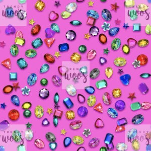 May include: A vibrant pink background scattered with a variety of colorful, faceted rhinestones in shapes including circles, ovals, squares, hearts, and stars. The text Trendy Woos is visible in multiple locations across the pattern.