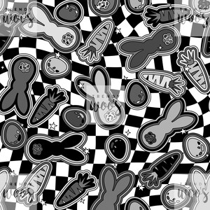 Easter Bunny Rabbit Egg Spring Retro Monochrome Black and White Checkerboard Seamless Pattern / Fabric Design / Surface Pattern