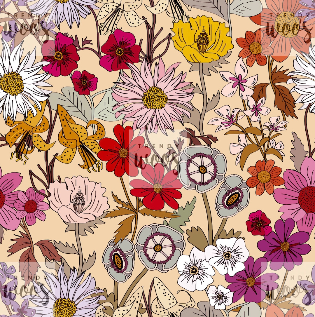 70s Vintage Floral Wild Flowers Boho Bohemian Summer Seamless Pattern ...