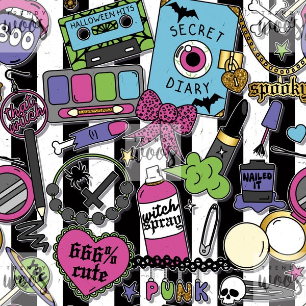 Könnte beinhalten: Ein schwarz-weiß gestreifter Hintergrund mit verschiedenen bunten Aufklebern und Patches. Die Aufkleber beinhalten ein Kassettenband mit dem Text "Halloween Hits", ein pinkfarbenes Herz mit dem Text "666% cute", eine grün-rosa Sprühflasche mit dem Text "witch spray", ein blaues Notizbuch mit dem Text "Secret Diary", einen schwarz-weißen Schädel und eine schwarz-weiße Spinne.