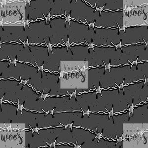 Könnte beinhalten: Ein nahtloses Muster aus schwarzem und weißem Stacheldraht auf einem dunkelgrauen Hintergrund. Das Muster wiederholt sich über das gesamte Bild.