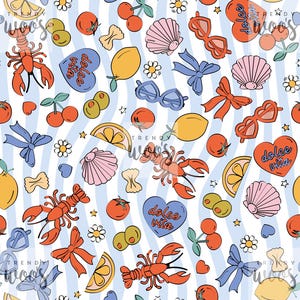 Könnte beinhalten: Ein nahtloses Muster mit Sommer-Illustrationen: Hummer, Zitronen, Kirschen, Sonnenbrillen, Muscheln, Schleifen, Oliven und Herzen mit dem Text "dolce vita". Der Hintergrund ist blau-weiß gestreift.