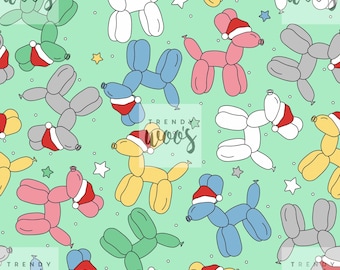 May include: A repeating pattern of balloon dogs in various colors, each wearing a Santa hat. The dogs are white, pink, blue, yellow, and gray, set against a light green background with white stars and dots. The words "TRENDY woos" are in the corners.