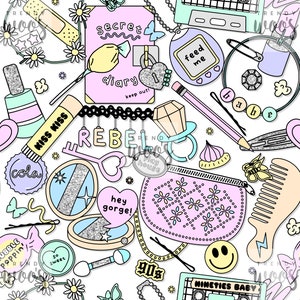 90s Girl Pocket Contents Retro Make-Up Pastel Seamless Pattern / Fabric Design / Surface Pattern / Digital Paper / Digital Pattern