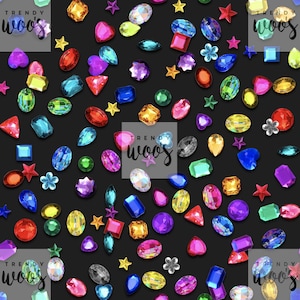 May include: A collection of assorted loose acrylic rhinestones in various shapes including circles, ovals, squares, hearts, and stars. The gems feature a vibrant rainbow color palette with faceted surfaces and include the text Trendy Woo's.