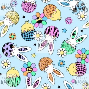 Könnte beinhalten: Ein nahtloses Muster mit bunten Ostereiern mit Hasen- und Kükenköpfen. Die Eier sind mit Punkten, Streifen und Tiermuster verziert. Der Hintergrund ist hellblau.