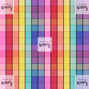 May include: A colorful plaid pattern with alternating vertical stripes of red, orange, yellow, green, blue, purple, and pink. The pattern is repeated throughout the image. The text "TRENDY WOO'S" appears in the corners of the image.