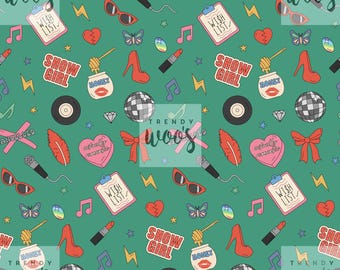 May include: A teal background with a repeating pattern of retro-themed illustrations. Includes red high heels, disco balls, microphones, sunglasses, hearts, bows, and the text "SHOW GIRL" and "WISH LIST".
