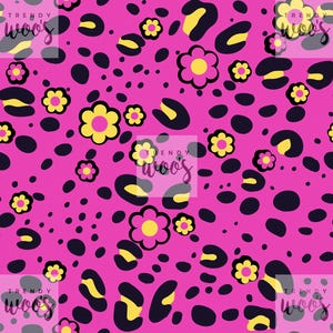 May include: A seamless pattern featuring a pink background with black leopard spots and yellow and pink flowers.