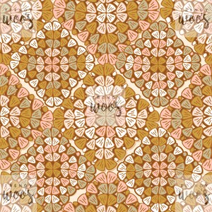 May include: A seamless pattern featuring a repeating design of overlapping circles made up of small triangles in shades of brown, pink, and white on a cream background.