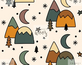 Scandi Mountain Forest Boho Bohemian Sky Adventure Monochrome Seamless Pattern / Fabric Design / Surface Pattern / Digital Pattern