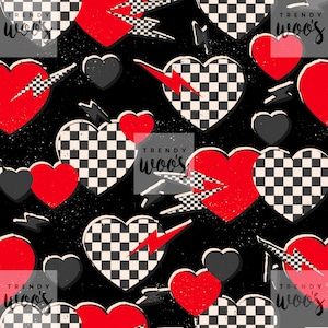 Valentines Love Herz Blitz Schachbrett Retro Vintage 80er Jahre Grunge Nahtloses Muster / Stoffdesign / Oberflächenmuster / Digitales Muster