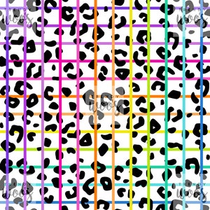 Gingham Leopard Print Neon Retro Rainbow Seamless Pattern / Fabric Design / Surface Pattern / Digital Paper / Digital Pattern