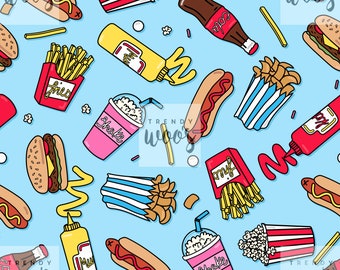 Fast Food Fries Hot Dog Burger Milkshake Retro Vintage Seamless Pattern / Fabric Design / Surface Pattern / Digital Paper / Digital Pattern