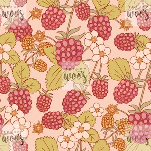 May include: A seamless pattern featuring pink raspberries, white flowers, and green leaves on a light pink background. The pattern is repeated throughout the image.