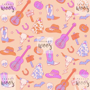 Halloween Western Cowboy Cowgirl Wild West Country Desert Muted Pastel Seamless Pattern / Fabric Design / Surface Pattern / Digital Pattern