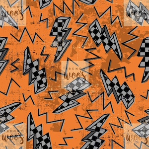 Puede incluir: Fondo naranja con textura grunge y un patrón repetido de rayos negros y grises y líneas en zigzag. Los rayos tienen un diseño a cuadros.