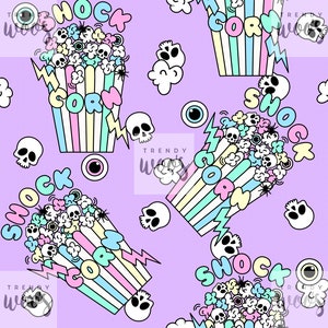 Peut inclure: Un motif sans couture sur fond violet avec un motif répété d'un seau de popcorn à rayures arc-en-ciel. Le seau est rempli de popcorn et de crânes. Le texte "Shock Corn" est écrit sur le seau. Le motif comprend également des crânes, des yeux et des éclairs.