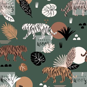 Tiger Animal Jungle Boho Bohemian Scandi Tropical Leaves Seamless Pattern / Fabric Design / Surface Pattern / Digital Pattern