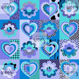 May include: A seamless pattern featuring a repeating design of hearts and flowers in shades of blue, purple, and turquoise. The background is a patchwork of different patterns, including leopard print, checkered, and polka dots.