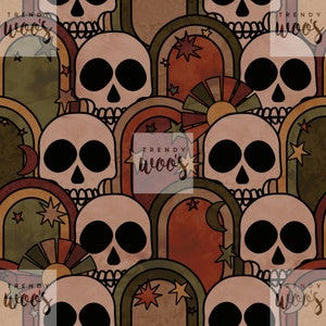 May include: A seamless pattern featuring a repeating design of stylized skulls with rainbow arches and stars. The background is a watercolor-like texture in shades of brown, green, and orange.